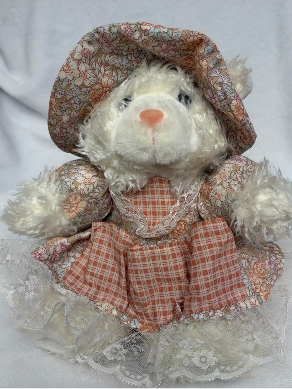 Vintage Handmade Plush Bear in Peach Floral Dress and Hat